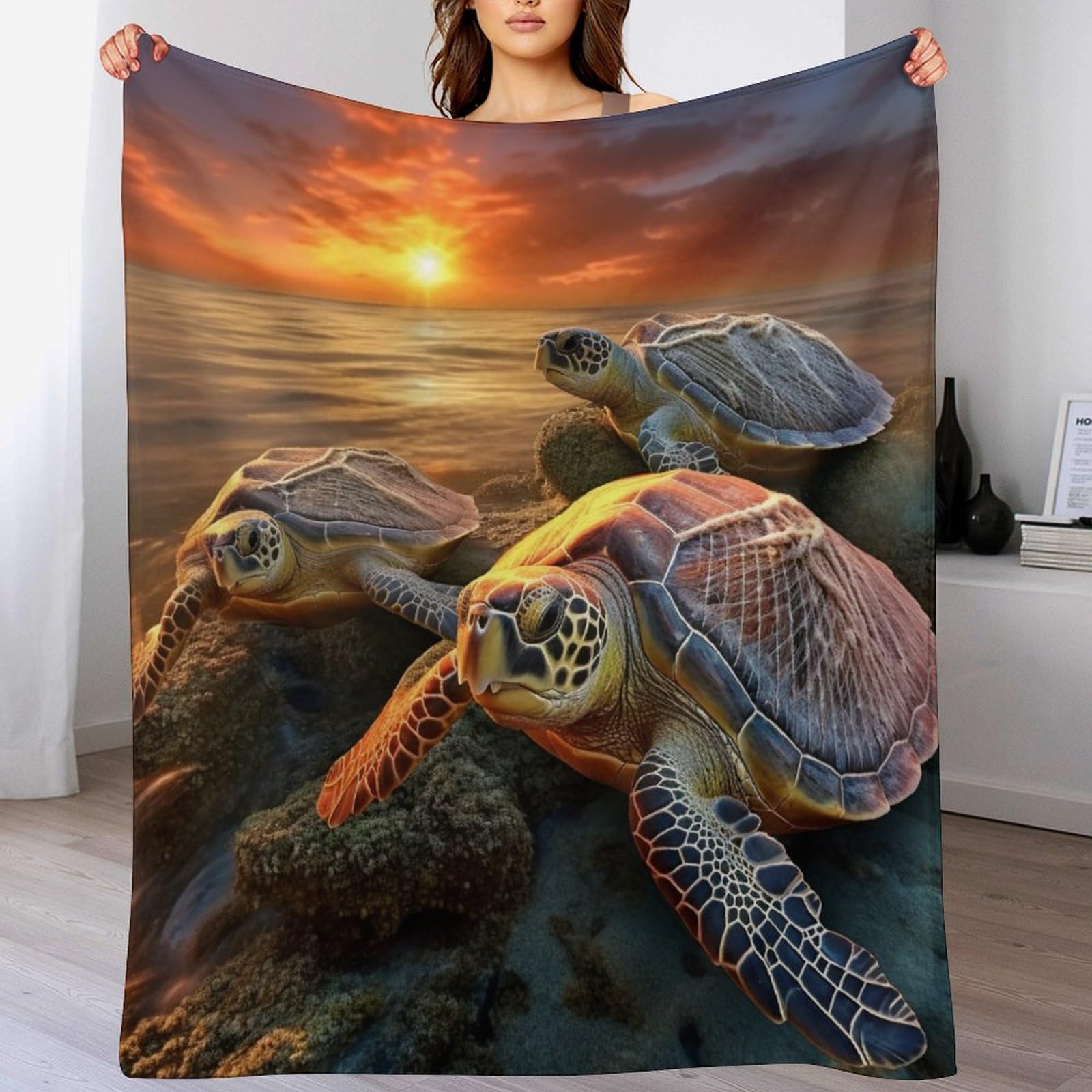Couverture polaire en flannel sea tortues douce et chaude de 130x180cm pour lit