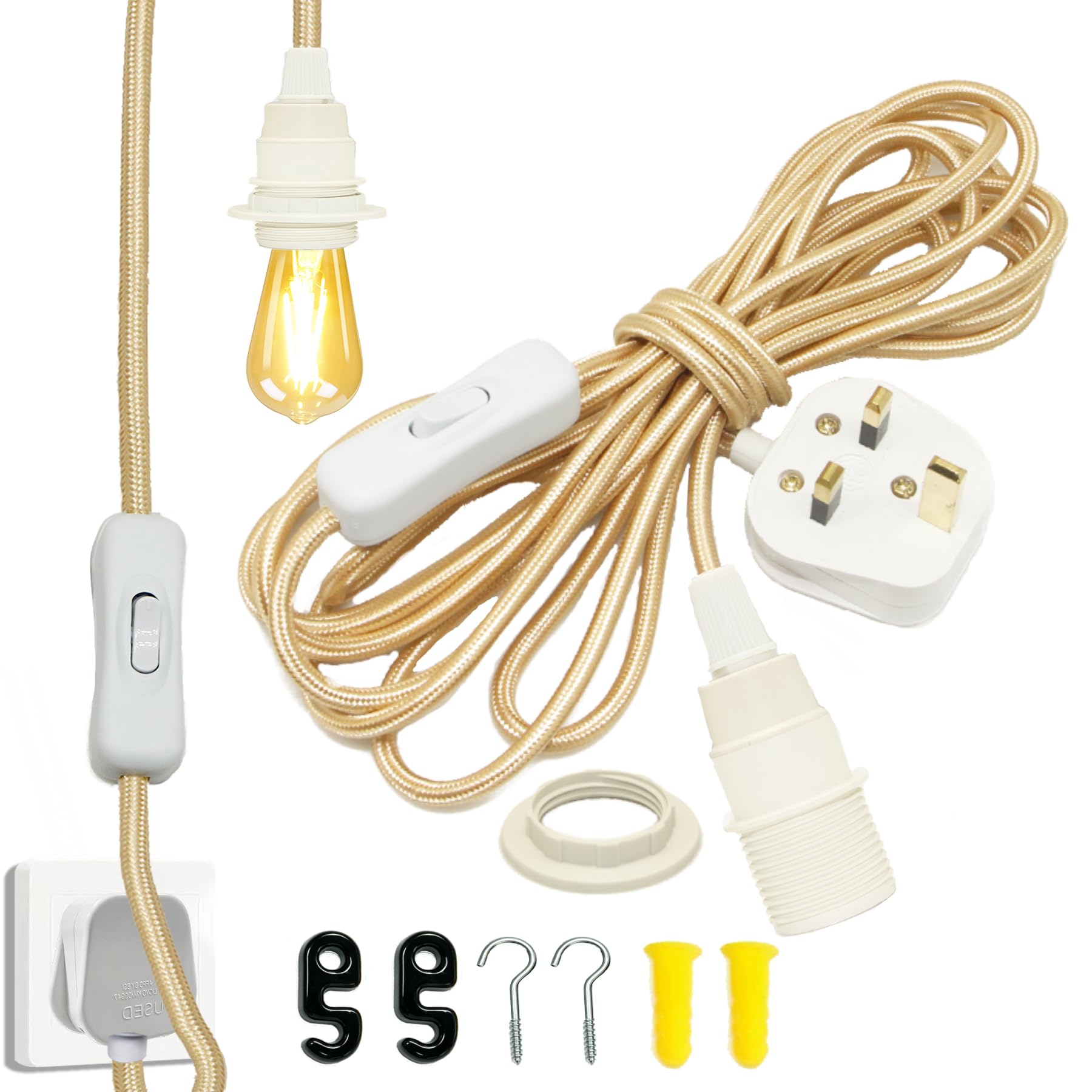 Plug in Pendant Lighting, 4.5m Nylon Extension Lamp Cable with Switch, E14 Bulb Holder, Hanging Lights with Plug, Replacement Lamp Kit, Plug in Ceiling Light Fixture for Attic Bedroom,Kitchen or DIY