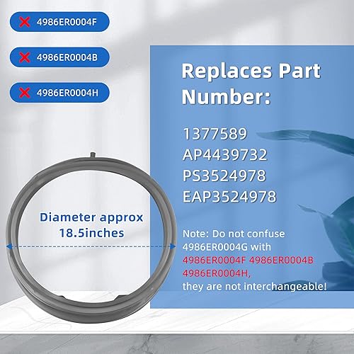 Miniatura 43 de 4986ER0004F Junta de arranque de puerta de arandela - Compatible con L-G, Ken-More Piezas de junta de puerta de lavadora de carga frontal con puerto