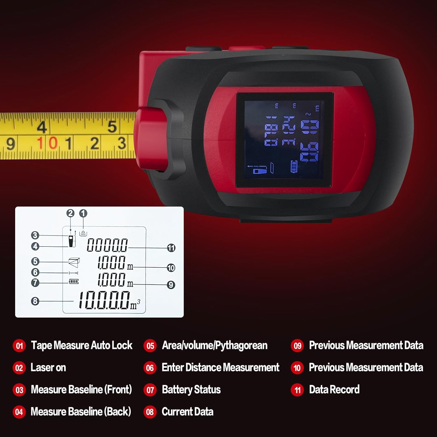 Laser Tape Measure 3 in 1 with Laser Level Crosshairs |196ft/60m Laser Distance+16ft/5m AutoLock Tape |Backlit LCD Display (Ft/Inch/M/mm) |for DIY,Construction, Interior Design (Red)