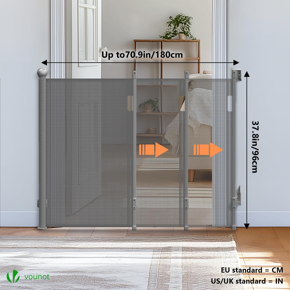 VOUNOT® Extra-Wide Retractable Stair Gate for Baby & Pets, Extends up to 180cm Wide, 96cm Tall, Silent One-Handed Operation - Image 2