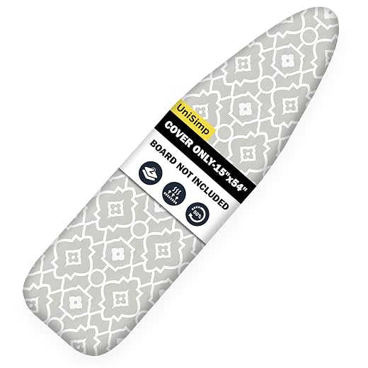 UniSimp Ironing Board Cover and Pad 15"x54" Extra Thick Natural Cotton, Scorch and Stain Resistant Padding, Standard Size Iron Board Cover with Fasteners Heavy Duty Elastic Edge, Heatproof Geometric