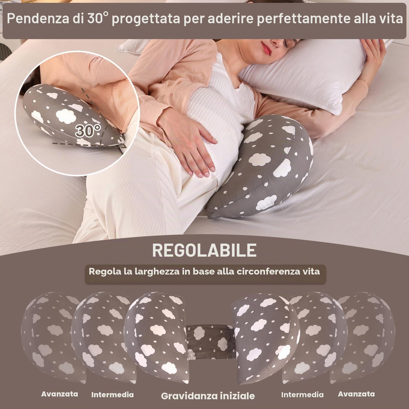 SHANNA Cuscino Gravidanza per Dormire, Cuscino allattamento e Gravidanza, NUOVO Cuscino Comfort Regolabile per Tutto Il Corpo, Maternità e Cuscino Supporto, Fodera Rimovibile e Lavabile (Gris Oscuro)