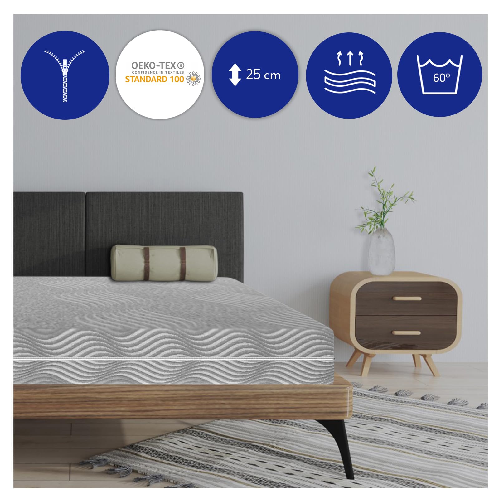 TULENA NOX Materasso 160 x 200 cm con molle insacchettate da, H4 + H5 Comfort Plus, 25 cm, con copertura a zip, Certificato Oeko-Tex