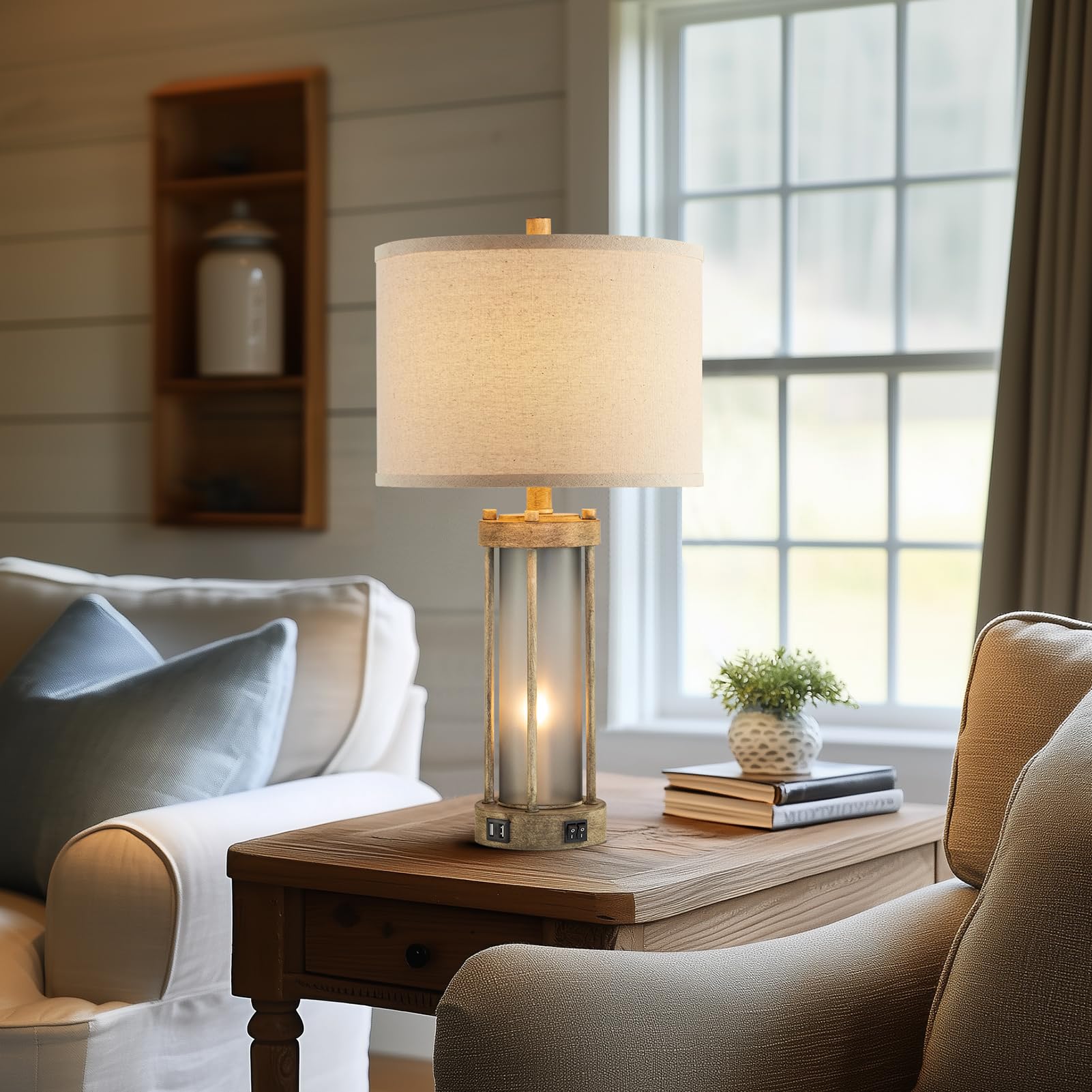 Farmhouse Tischlampen 2er Set für Wohnzimmer, Vintage Schlafzimmer Nachttischlampe mit Dual USB Ports, Nachttischlampe mit Milchglas Nachtlicht für Beistelltisch Eingang, 4 Glühbirnen enthalten