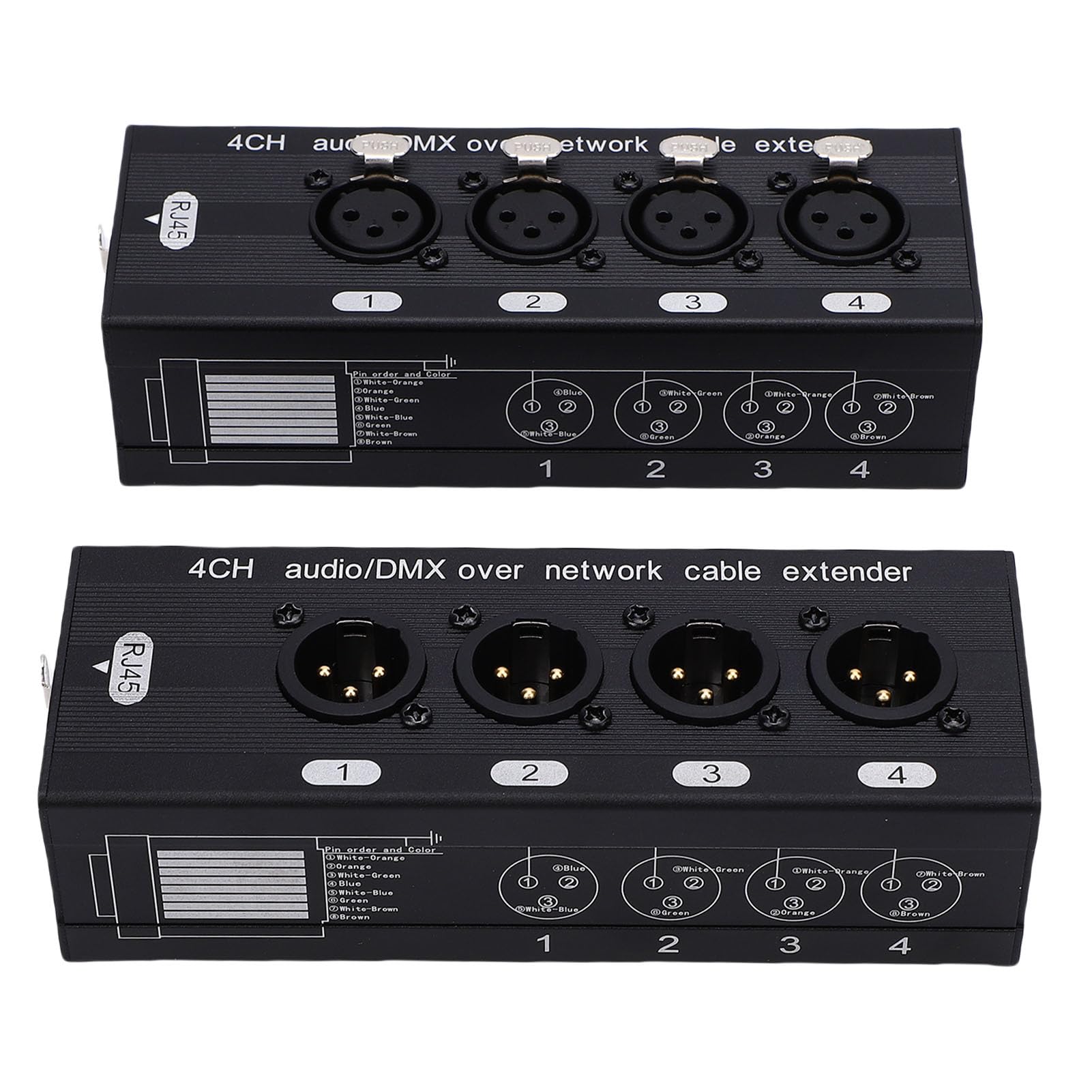 4-kanałowy przedłużacz Ethernet XLR na RJ45, 3-pinowy męski żeński rozdzielacz XLR dla kabla Cat5 Cat6 Cat7, multiplekser sygnału audio 4 na 4 wyjścia dla Stage Studio