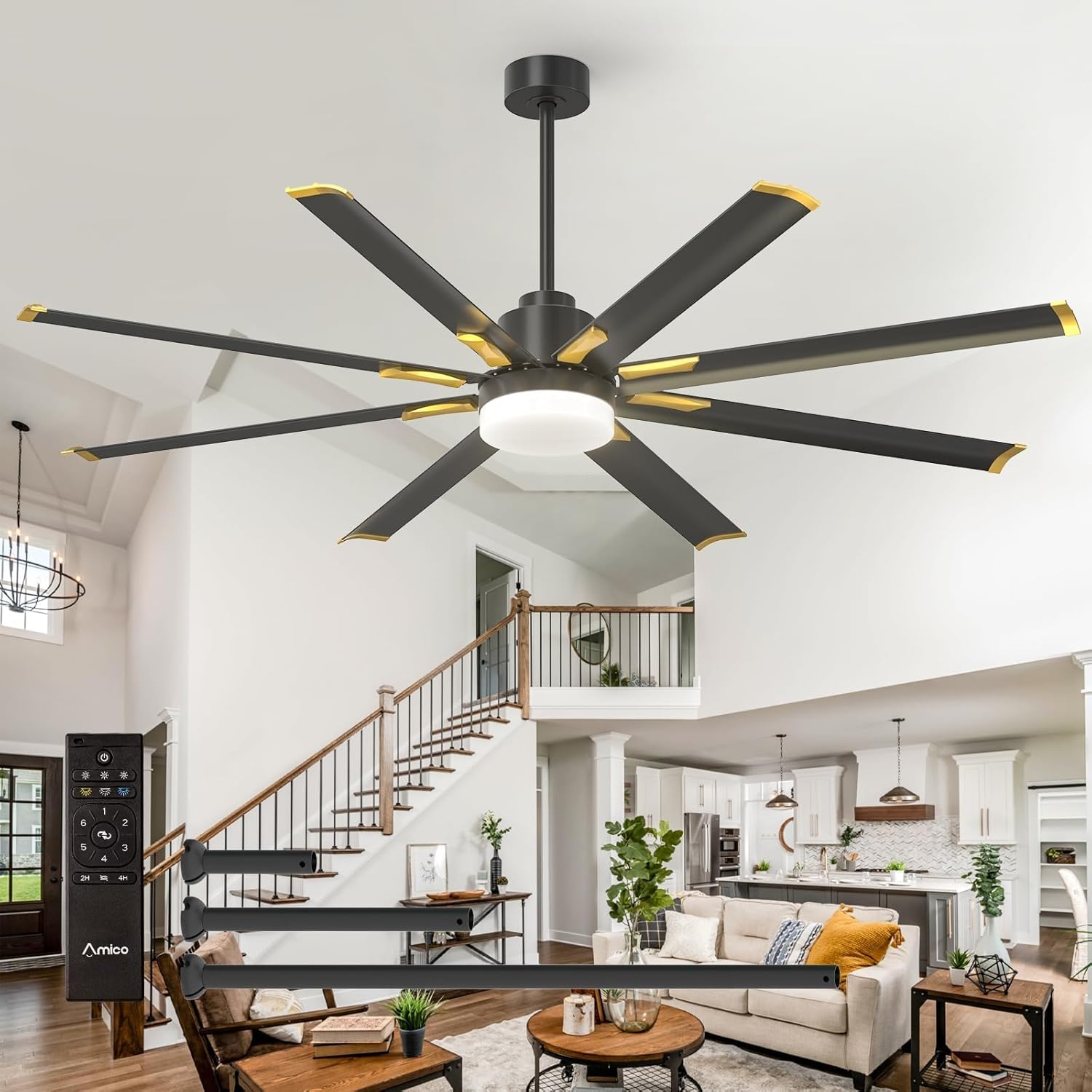 Amico 84 Inch Ceiling Fan with Light, 8 Aluminum Blades, Industrial Large Black Ceiling Fan with Quiet DC Motor, Reversible,6-Speeds Remote Control, Indoor/Outdoor for Shop/Gym/Garage