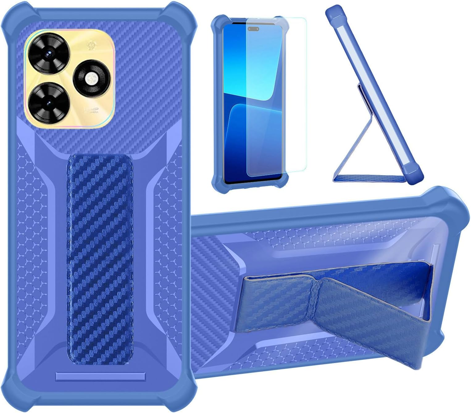 Aroepurt Case for Tecno Pop 8 Phone Case Stand Cover [with Tempered Glass Screen Protector] Hybrid Case [Folding Support Magnetic] [Frosted Anti-Fingerprint] Blue