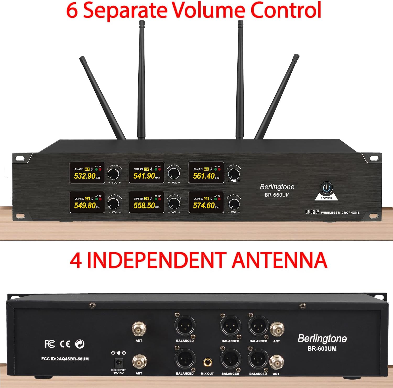 Professional 6-Channel UHF Wireless Microphone System, Cordless Metal Handheld Dynamic Mics, Perfect for Karaoke, Church, Singing, DJ, 262ft Range (BR-660UM)