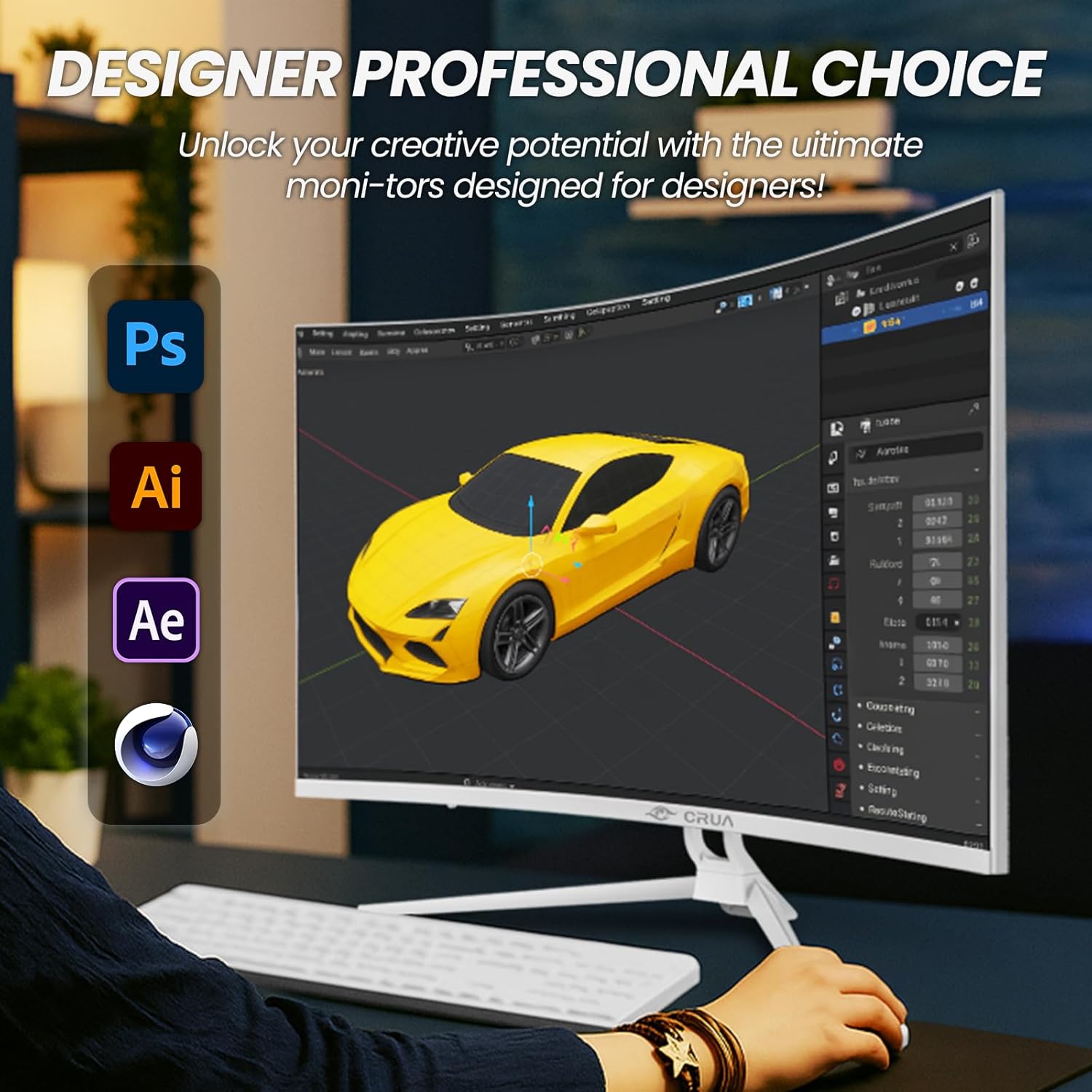 CRUA monitor on a desk, showing its tilt adjustment capability.