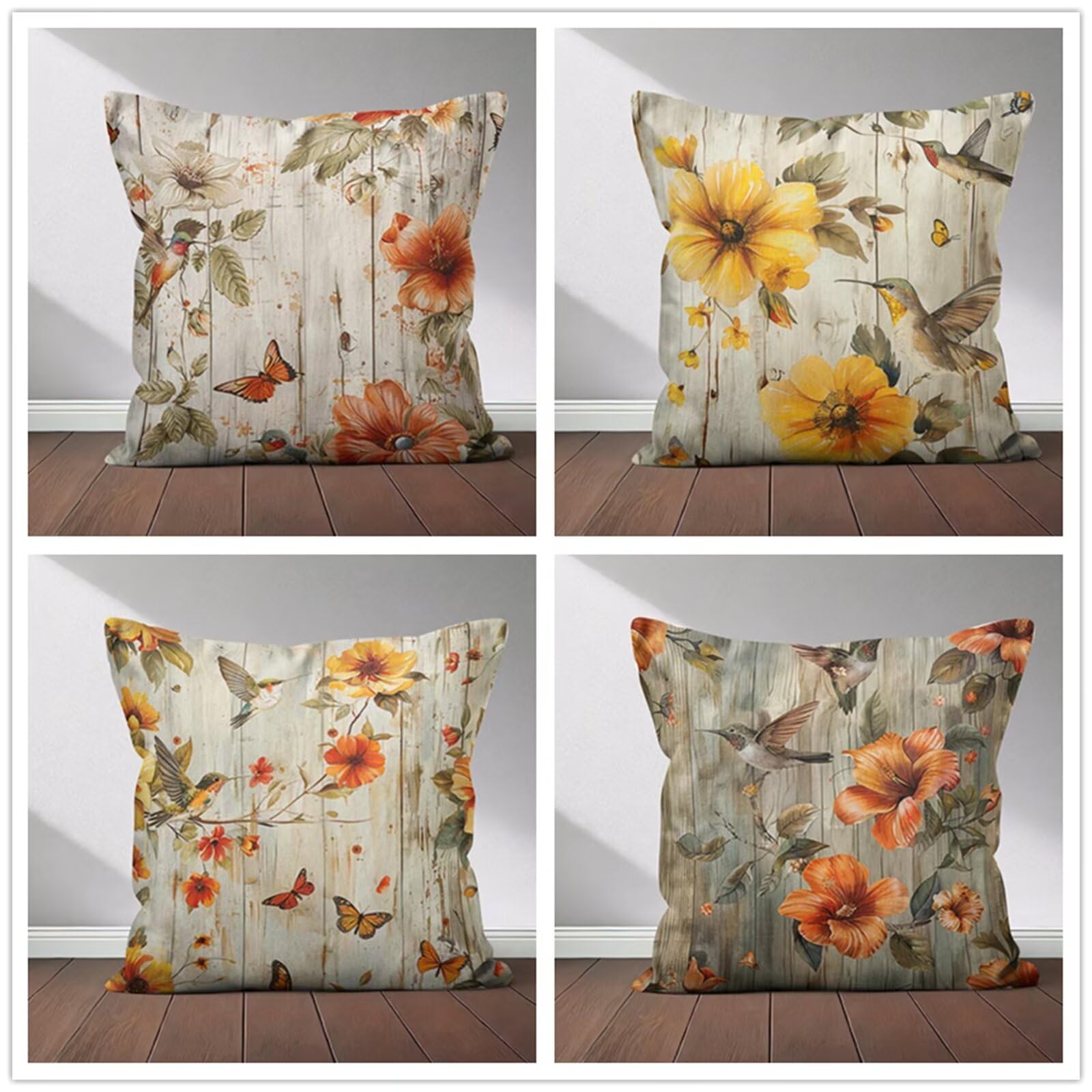 Heaen Outdoor Cushions Covers Waterproof 35x35 cm Set of 4 Square Linen Pillow Cases Yellow Floral Birds Decorative Dushions for Sofa Porch Patio Home Decor