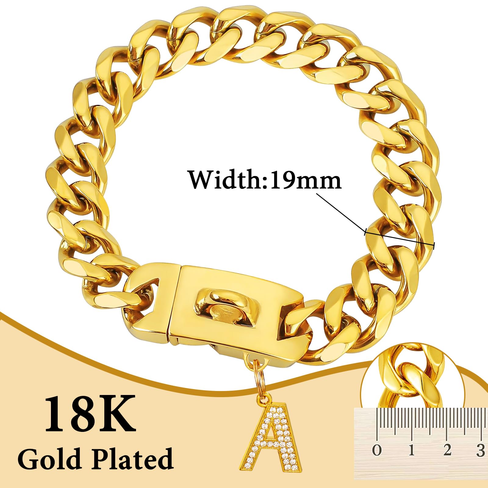 Collar de perro dorado con colgante, collar de metal para caminar de acero inoxidable, 19 mm de ancho, eslabón cubano, fuerte, resistente a la masticación para perros medianos y grandes (60 cm)