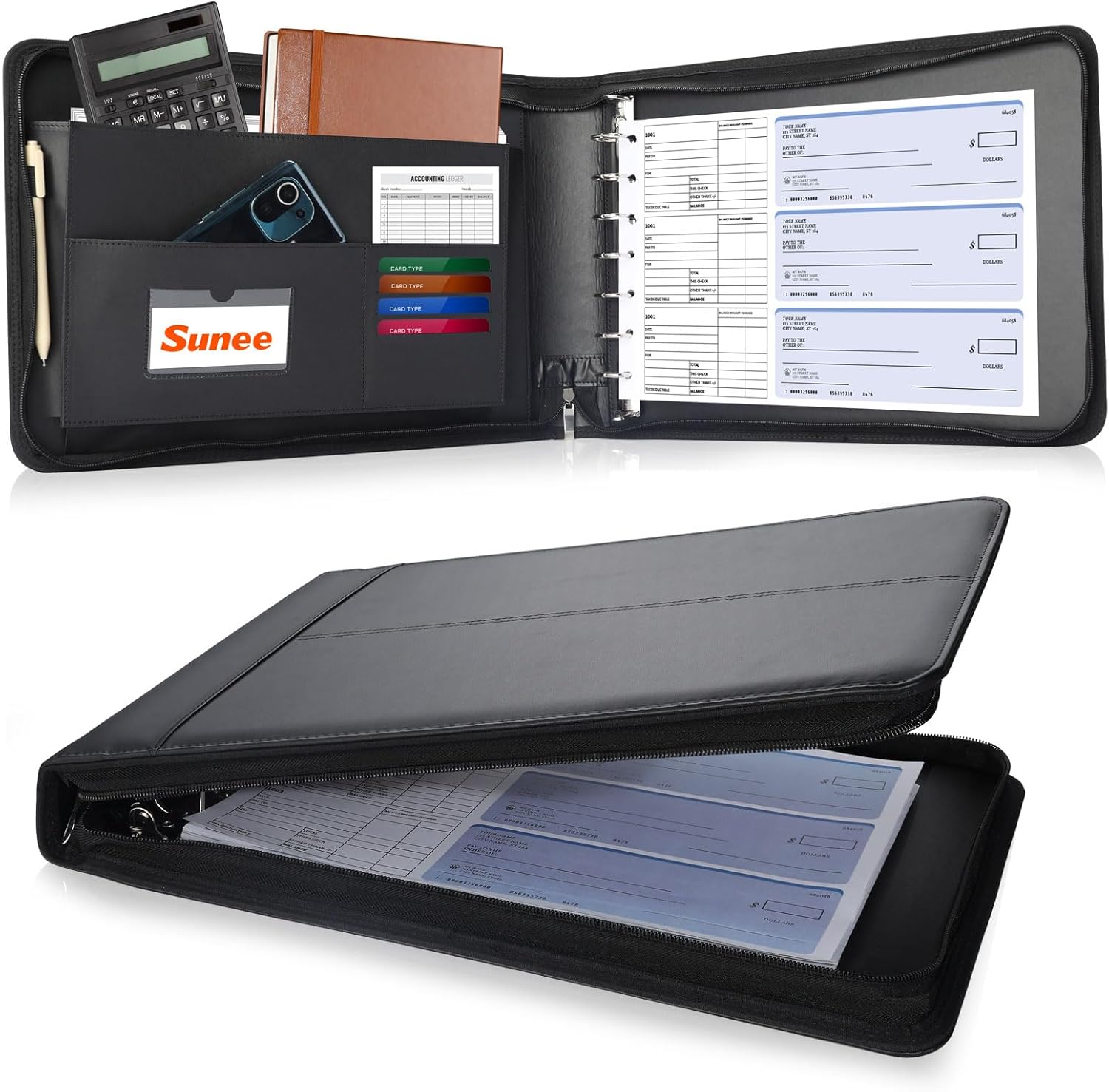 SUNEE Zippered Business Checkbook Binder 7 Ring 1 Inch with Zipper for Business Checks (9" x 13"), PU Leather Check Binder Holds 600 Checks Capacity for Executive Supplies, Black