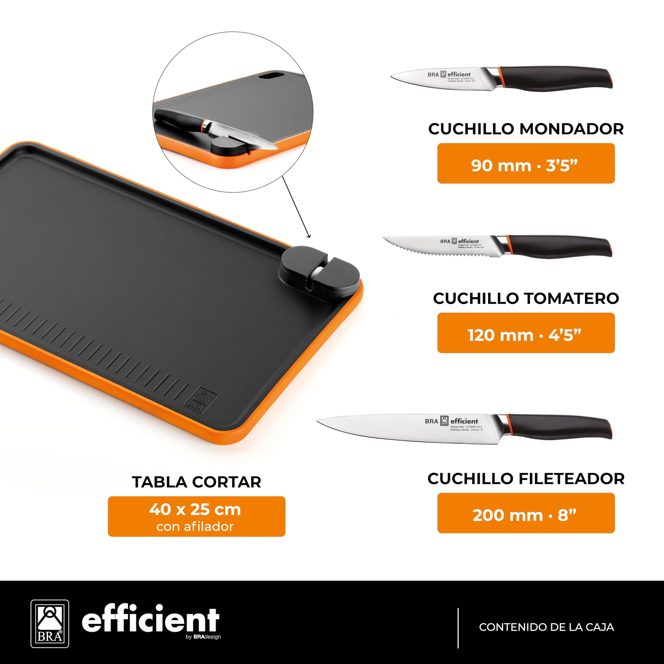 BRA Efficient | Set 3 cuchillos Efficient con tabla de cortar