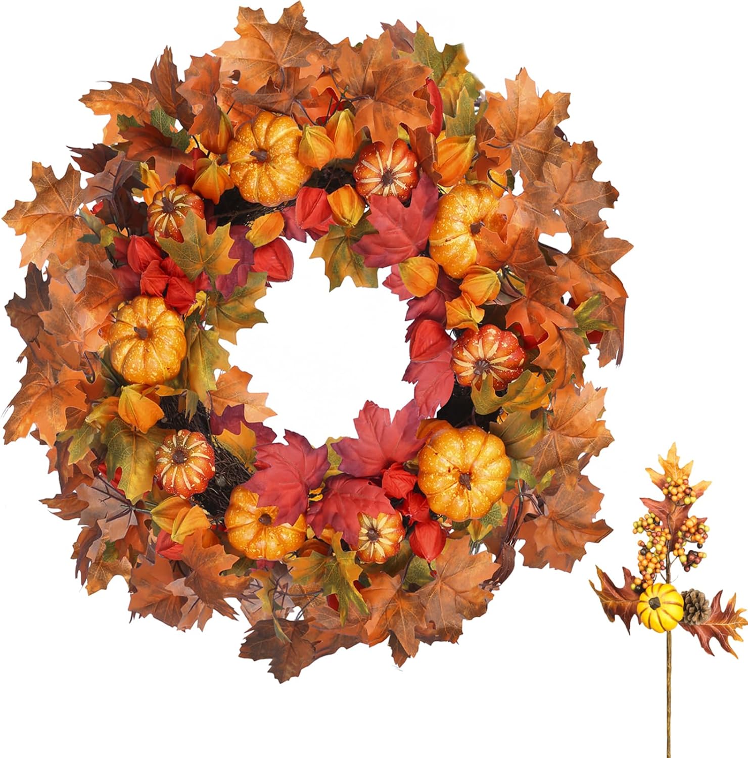 Wreaths for Front Door 24’’Artificial Autumn Wreaths with Pumpkin Red Lantern Fruit Maple Leaves Fall Decorations for Outside Indoor Wall Window Festival Thanksgiving Decor 23 INCH