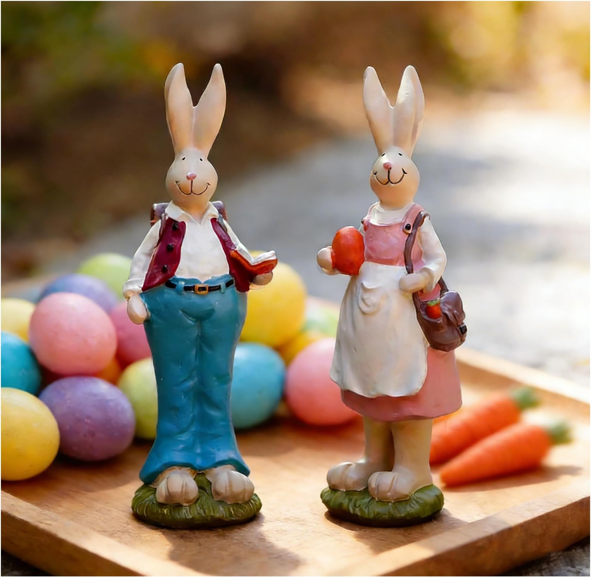 MeritMode Easter Bunny Figurine Spring Decoration,Resin 2 Pcs Rabbits Statue Tabletop Ornament, for Little Girls and Friends,6 Inch