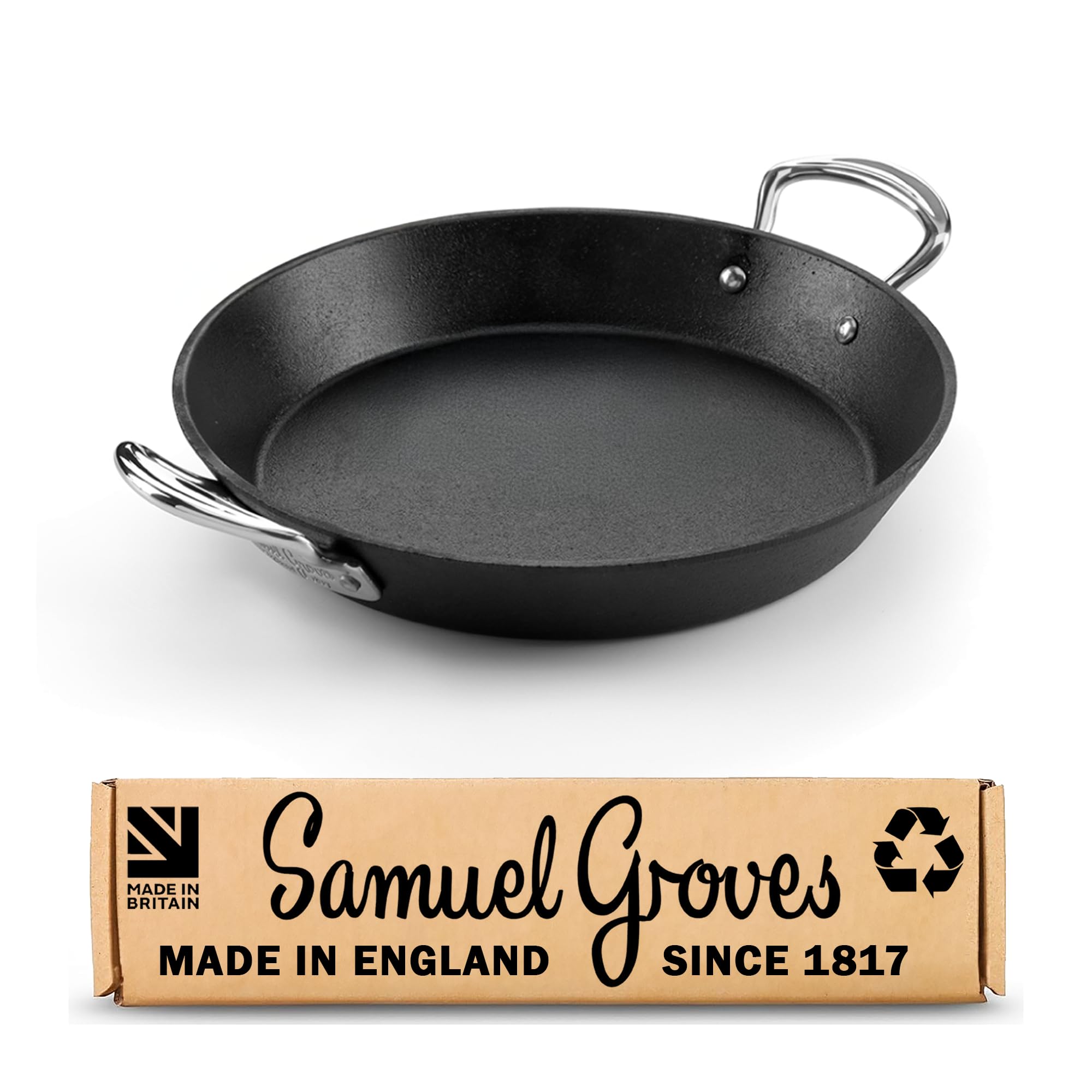 Samuel Groves Side Handles Britannia Recycled 20Cm Cast Iron Skillet With British Made Frying Pan, Pre-Seasoned, Induction & Oven Safe, Sustainable Cookware - Britain's Oldest Cookware Brand