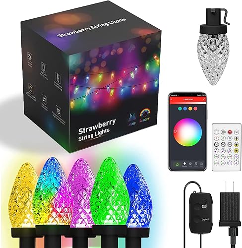 Miniatura 1 de Amposei Luces de Navidad C9 de 32.8 pies, 50 luces LED de fresa, luces de hadas Bluetooth para exteriores, impermeables, sincronización de música,