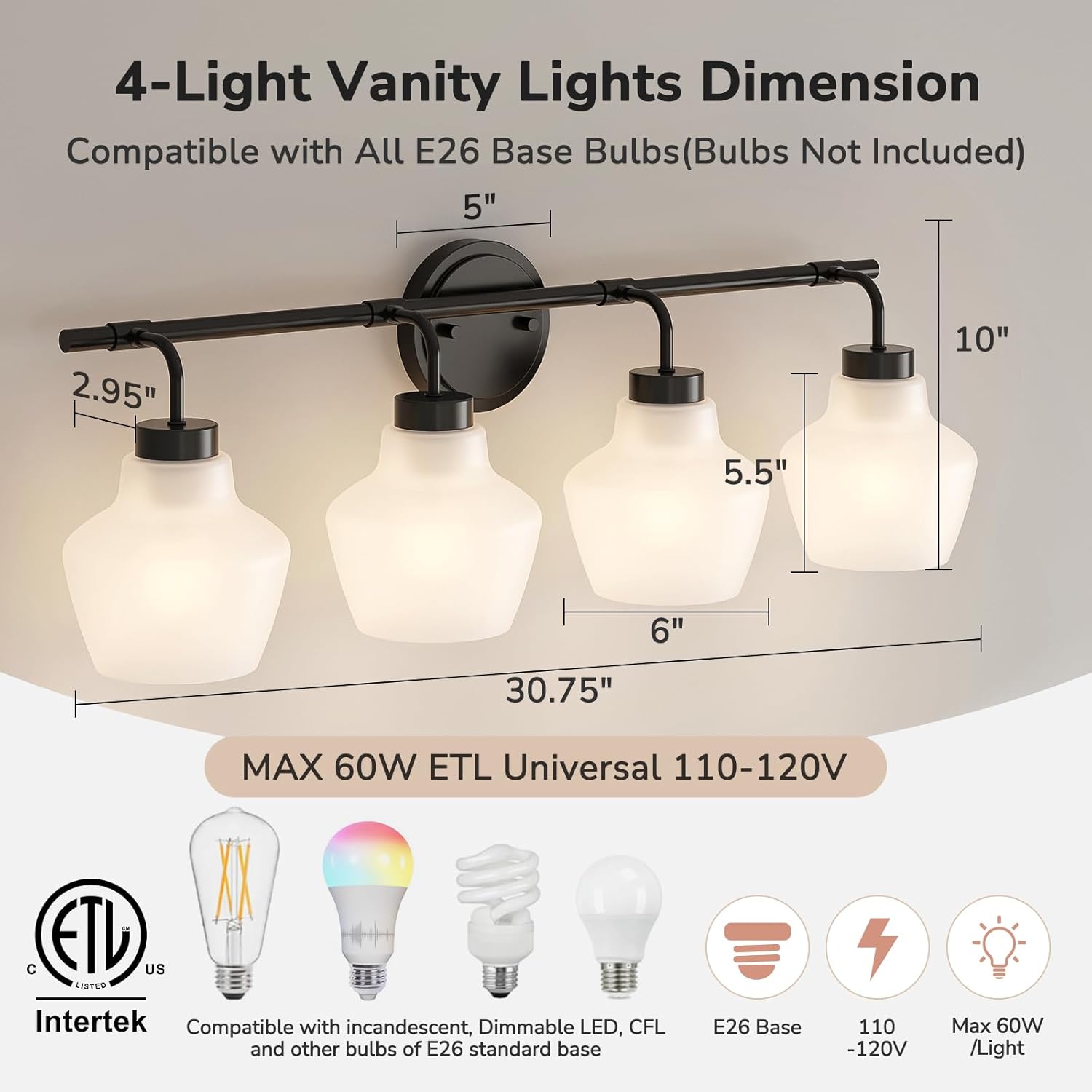 USHOWER 4-Light Bathroom Light Fixtures, Vanity Lights with White Frosted Glass Shades, Modern Black Vanity Lights for Bathroom, Mirror, Living Room, Bedroom, Hallway, E26 Base (Bulbs Not Included)