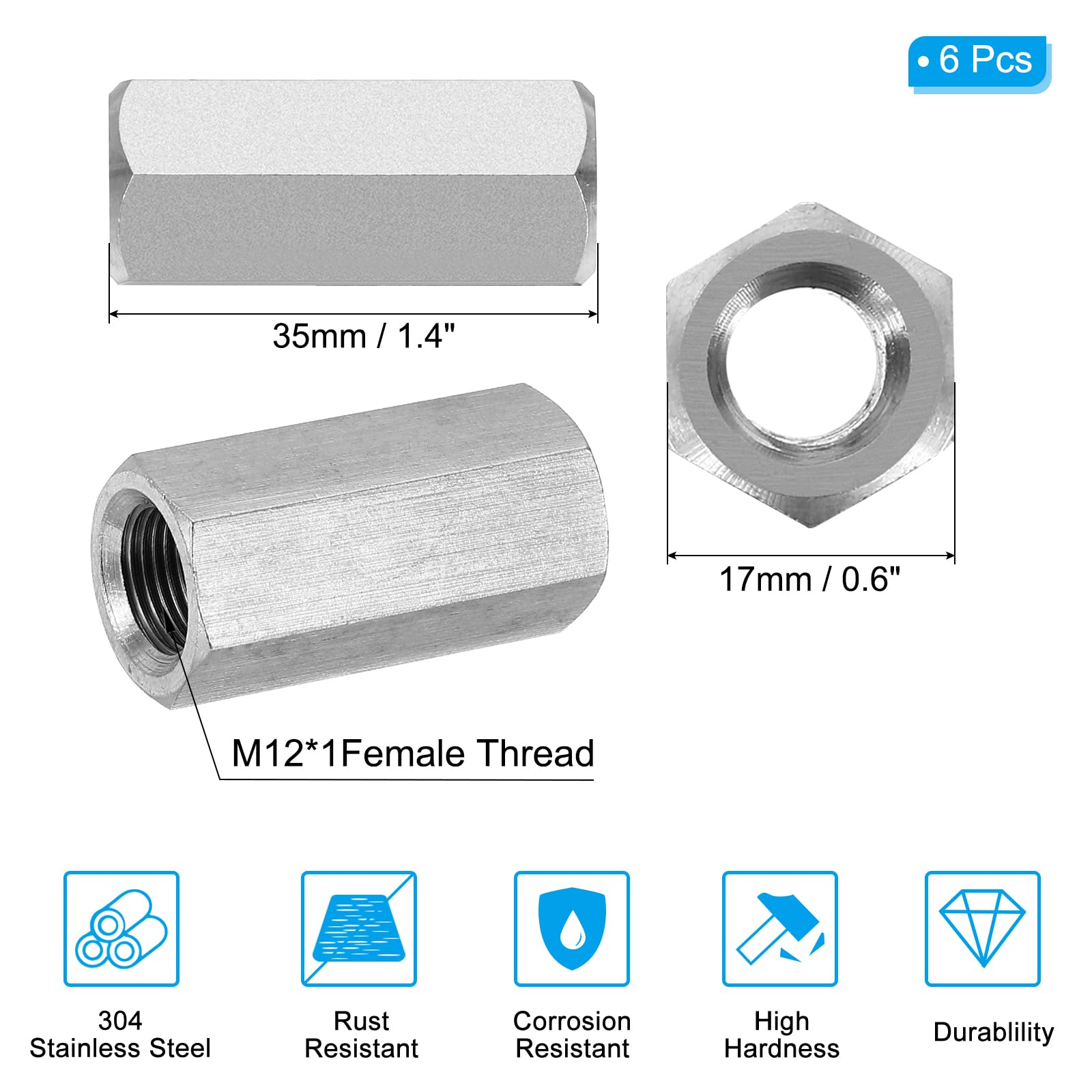 PATIKIL M12 x 1-Pitch 304 Stainless Steel Hex Coupling Nuts, 6Pcs 35mm/ 1.4" Length Fully Threaded Rod Coupling Nut Studding Connector Fasteners, Silver Tone - Image 2