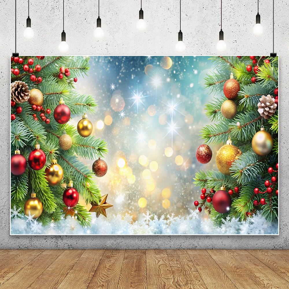 3x2m Sfondo Natalizio Glitter Oro Palline di Natale Rami di Pino Capodanno Sfondo Fotografico Baby Shower Ragazzo Ragazza Compleanno Foto Sfondi Adulti Ritratto Foto Prop