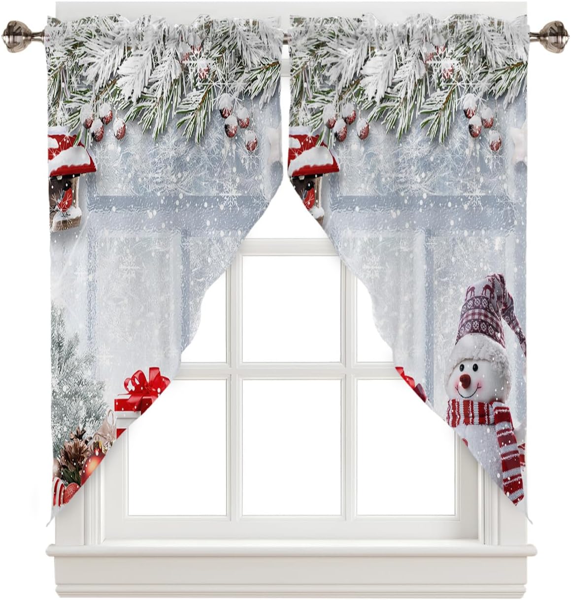 Christmas Curtains Swag Valance Cute Snowman with Gifts