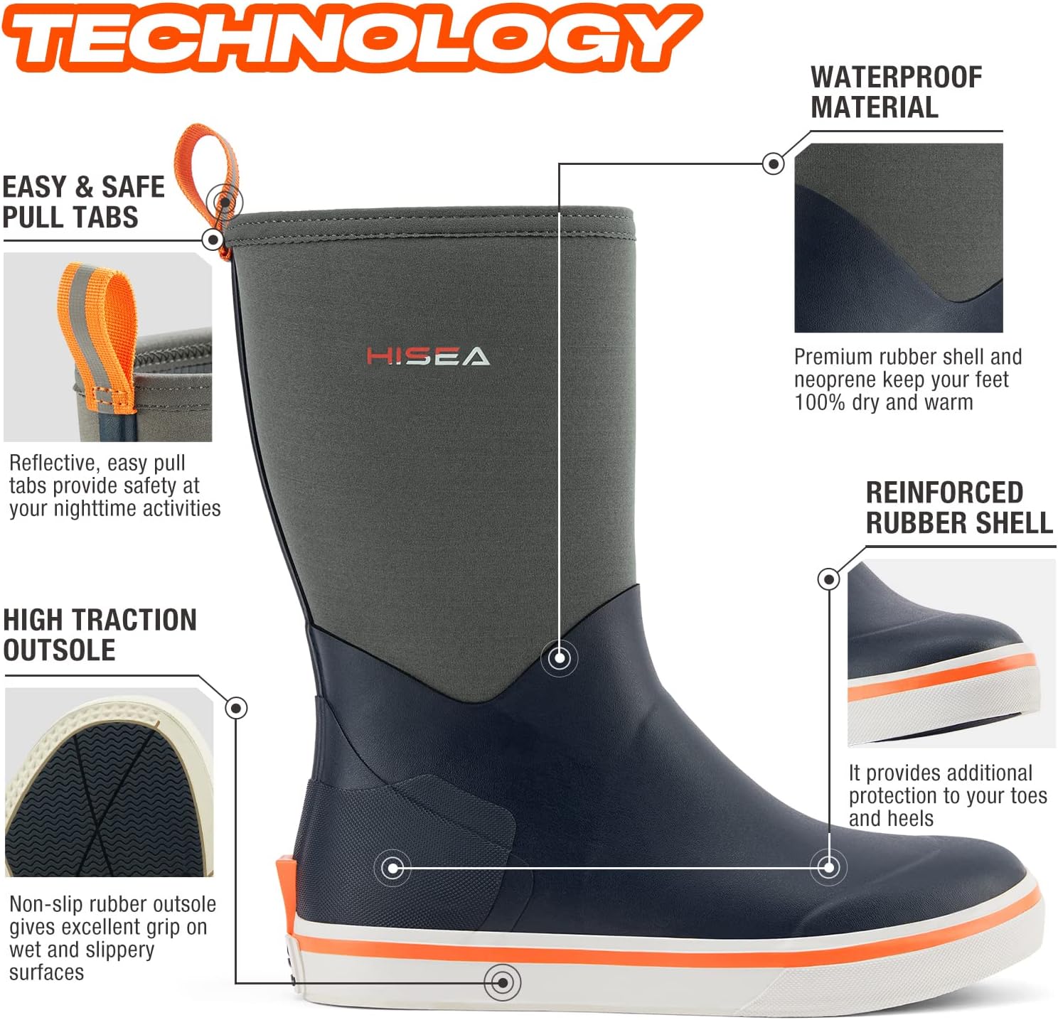 HISEA Men's Rubber Rain Boots Waterproof Garden Fishing Outdoor Deck Boots - Image 4
