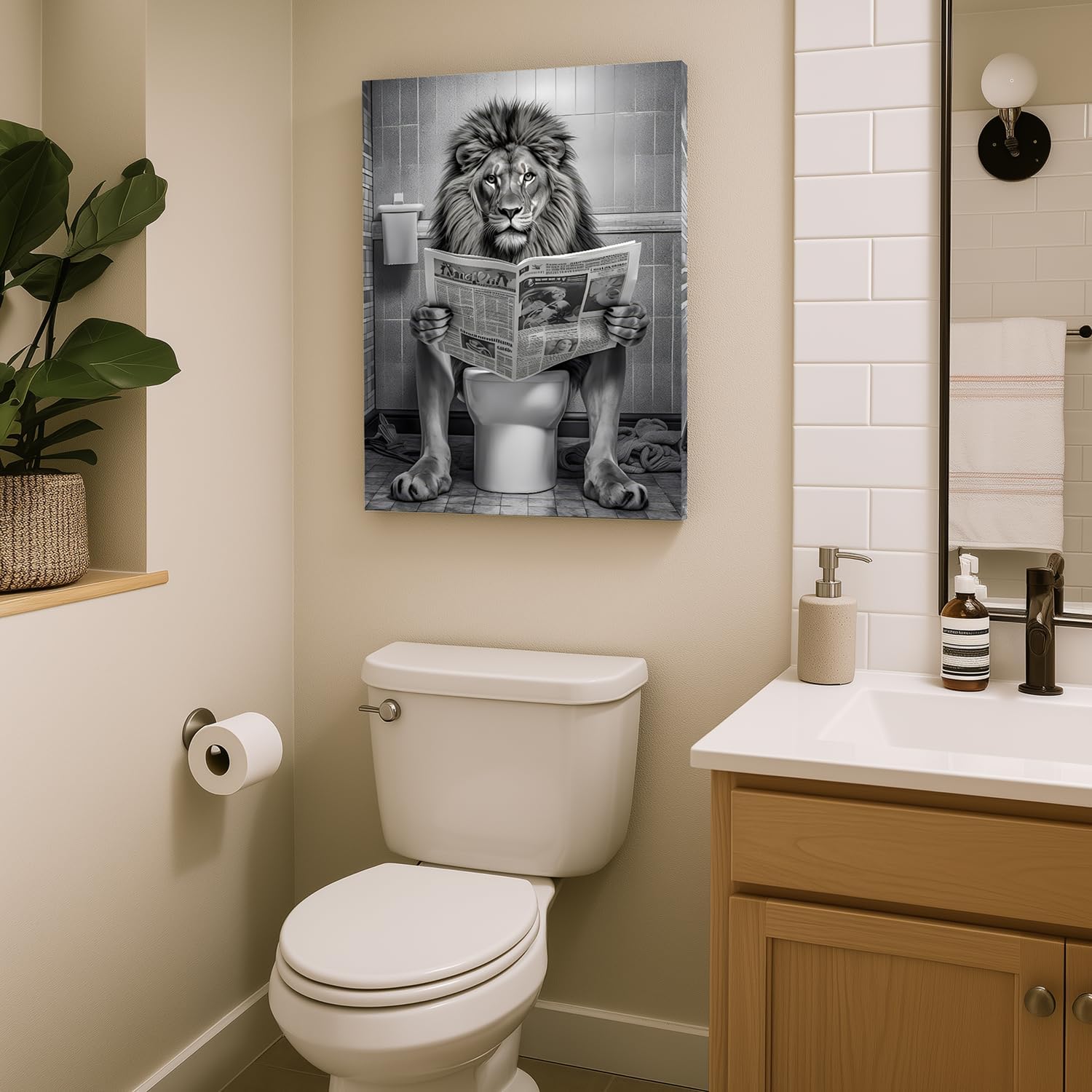 kilamino Framed Funny Bathroom Wall Art, Majesty Lion Reading Newspaper on Toilet Wall Decor, Black and White Animal Art Print, Funny Animal Canvas Painting for Bathroom Restroom Farmhouse 16"x24"