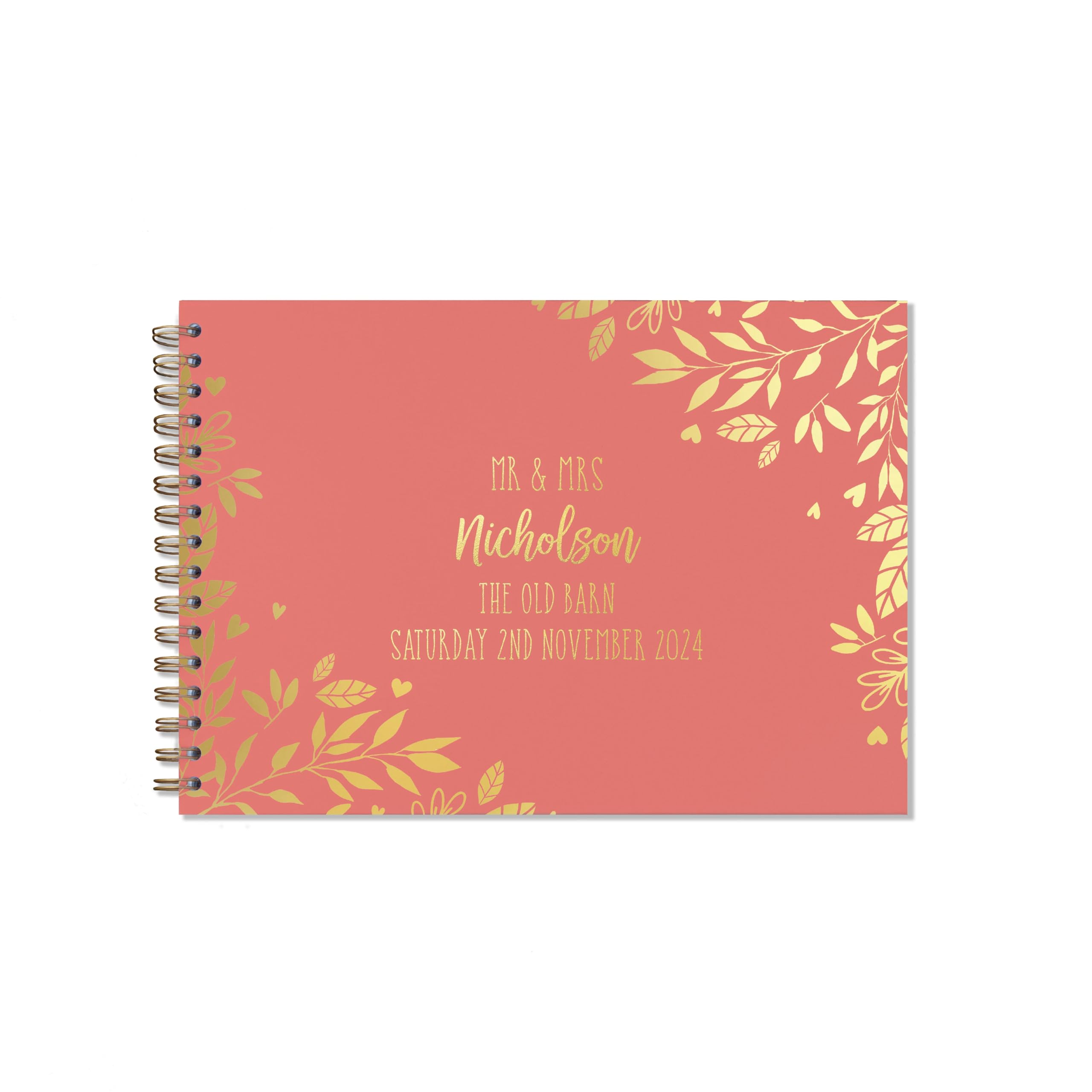 "Manta Makes Wedding Guest book personalised gold foil 26 colour choices A5 or A4, signing book wedding decorations for wedding reception, wedding books for guests to sign (A4, Coral)"