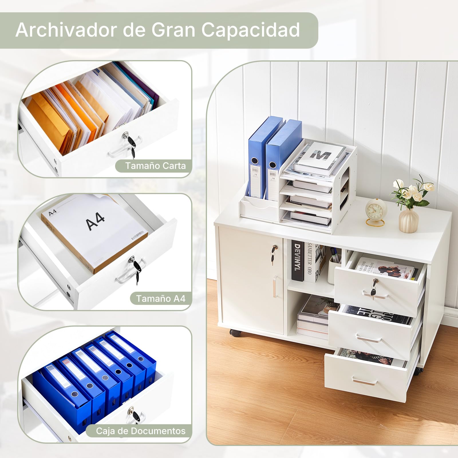 LEMROE Cajonera móvil con ruedas con cajones, cerradura y soporte | Para impresora con estantes abiertos, armario de almacenamiento para papelería (blanco) Adecuado para oficina o hogar