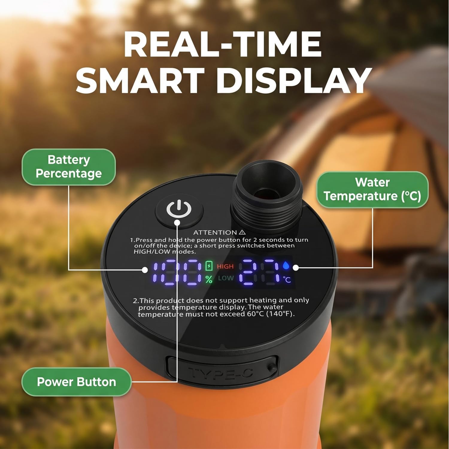 Douche de camping portable, 8000 mAh rechargeable avec affichage de la batterie LED, pompe de douche électrique étanche IPX8, autonomie de 150 minutes, haute pression pour camping, vie en van