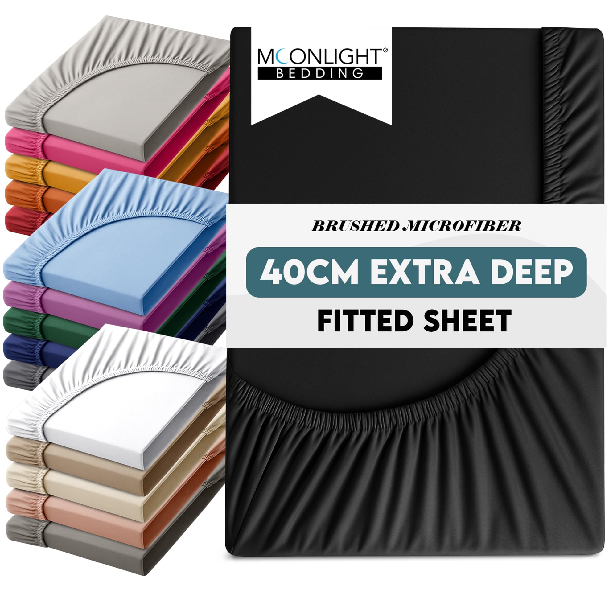 Moonlight Bedding Black Fitted Sheet 40 Cm Extra Deep Pocket Bed Sheets 16 Inch Ultra Soft Bottom Sheet Brushed Microfiber Breathable Shrinkage And Fade Resistant (, King)