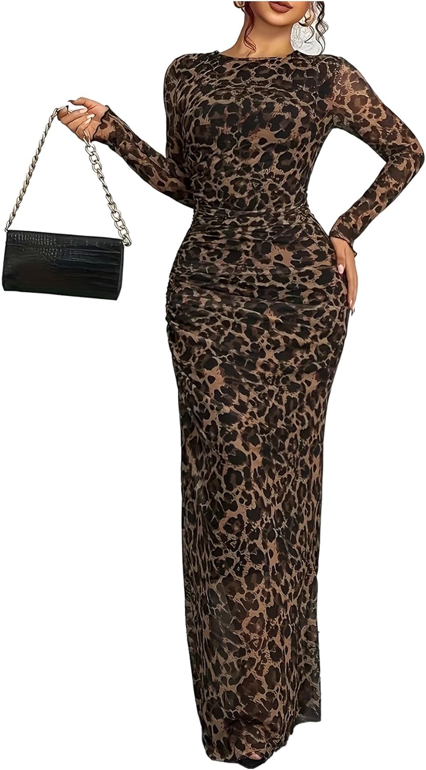 Women's Leopard Print Long Sleeve Maxi Dress Bodycon Ruched Long Dress for Club Cocktail