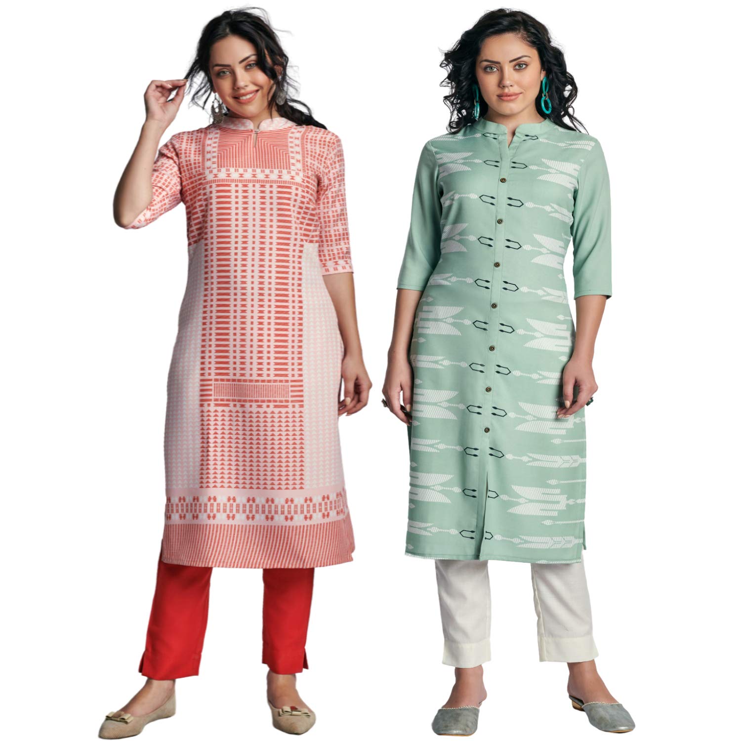 Navlik Women's Solid Regular Kurti (FT-QS-XXLarge_Orange & Green 2XL)