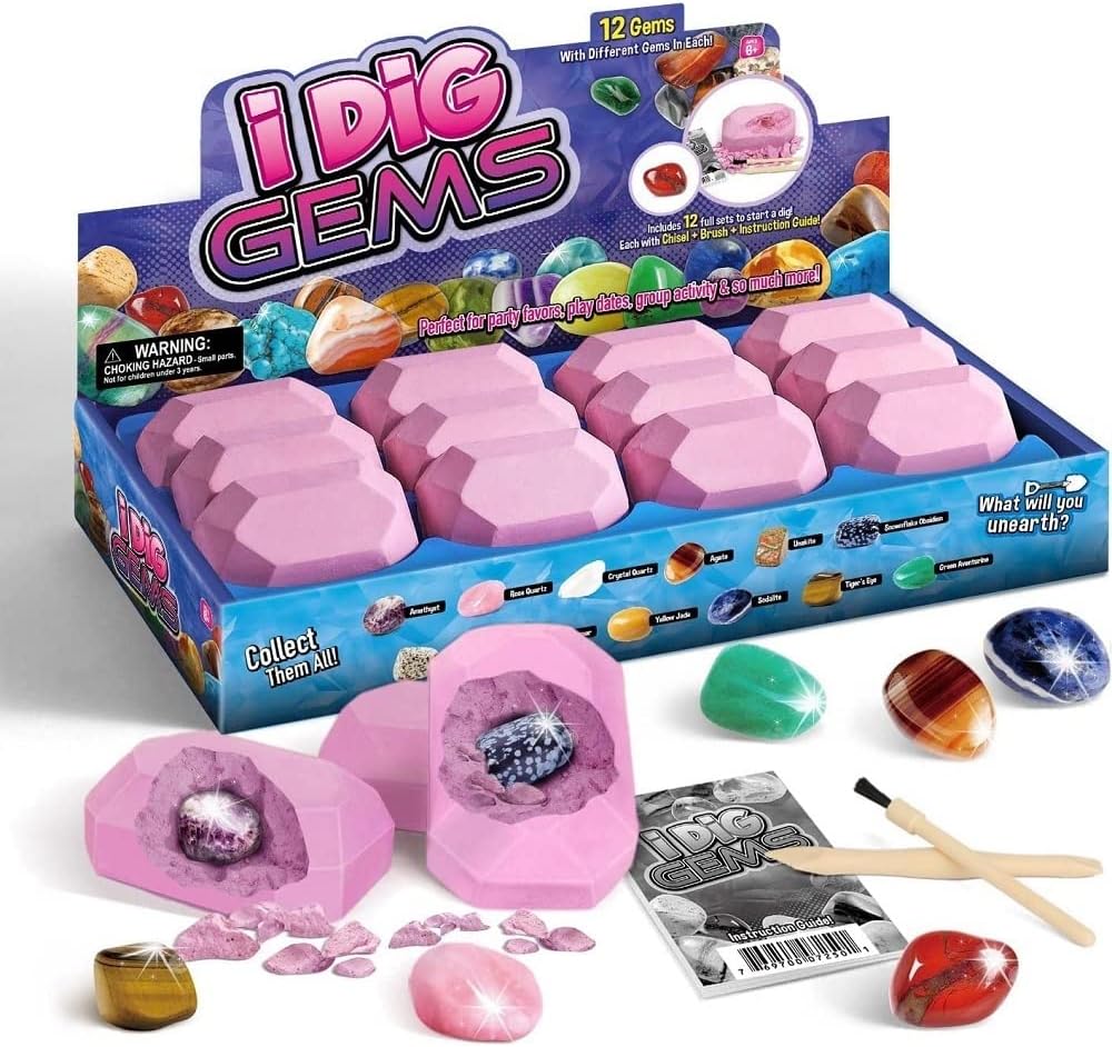UKR I Dig Gems 12 pc Rocks Mining Gemstones Digging Kit Science Excavation Sets STEM Toys Kids 6 7 8 9 Year Old