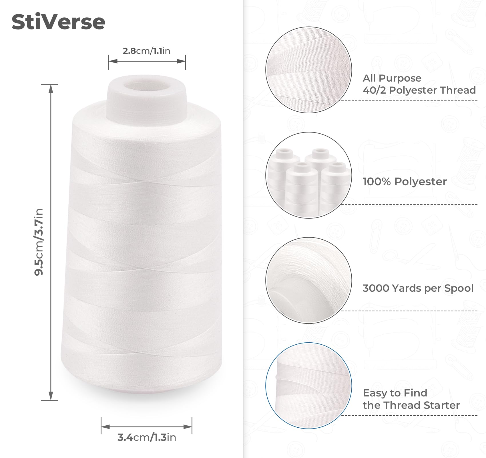 StiVerse Serger Thread Cones 4 Pack of 3000 Yards Each, All Purpose White Sewing Thread, Polyester Thread 40S/2 White Thread for Sewing Serger&Overlock, Quilting, Piecing, Sewing Machine