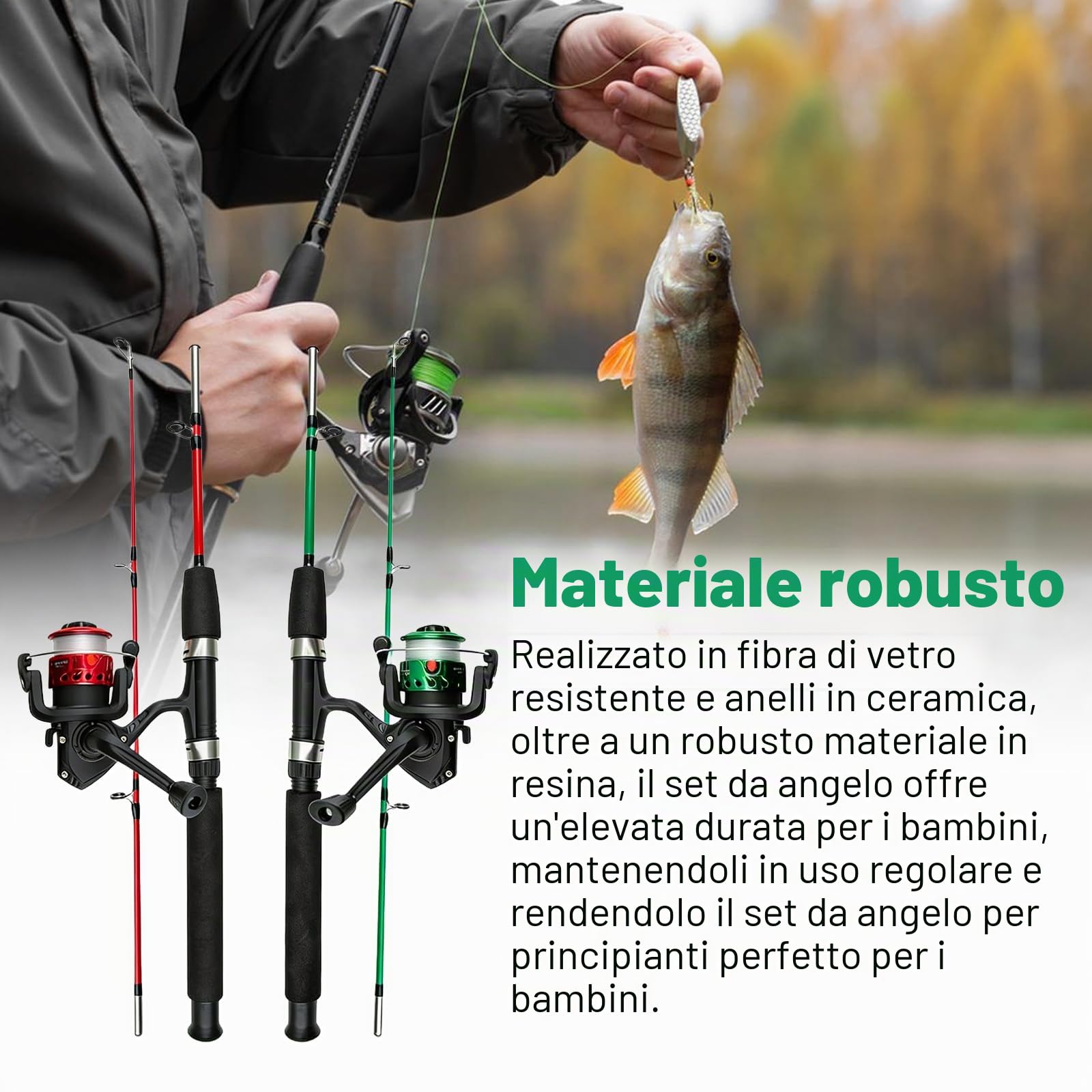 PORFOYO Set da pesca per bambini, canne da pesca telescopiche da 1,8 m con mulinello, portatile, 2 pezzi, rosso/verde, per principianti, 3-10 anni