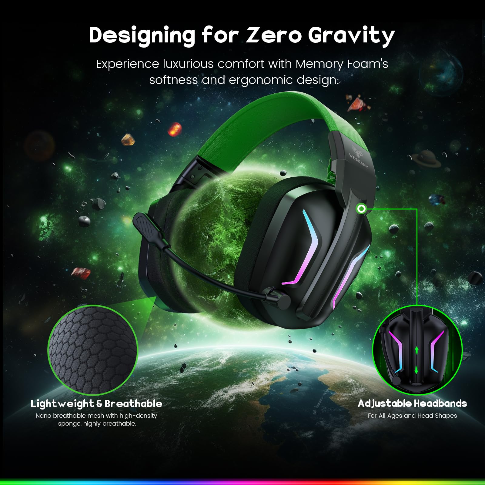 WESEARY WG1 Cuffie Gaming Wireless, 2,4 GHz Cuffie Gaming con Microfono per PS5, PS4, PC, Switch, Mac, Mobile, Cuffie per PS5 con Stereo, Cuffie Bluetooth Over Ear con Luce LED, Batteria da 50 Ore
