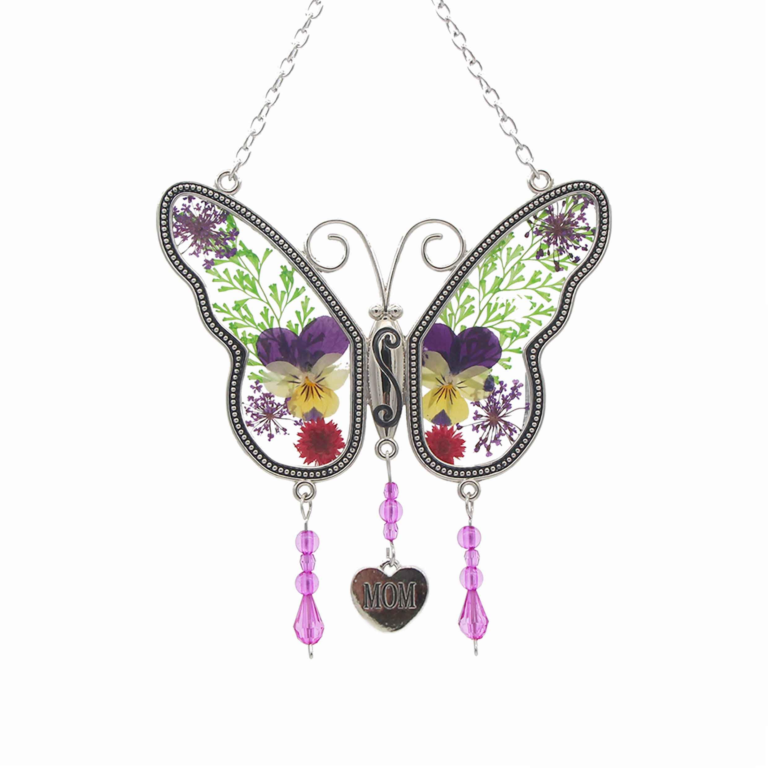Butterfly Suncatcher Mom's Gift Classic Design Real Flower Glass Handmade, Mom's Birthday Mother's Day Thanksgiving Gift, Suitable for Any Occasion