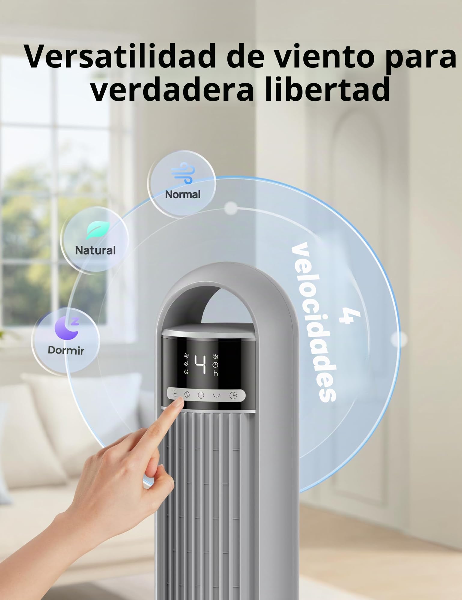 Dreo - Ventilador de torre para recámara, 4 velocidades, 3 modos de ventilador de pie para habitación con oscilación de 90° de ancho, 28dB silencioso para dormir, velocidad de 7.6 m/s, cobertura de