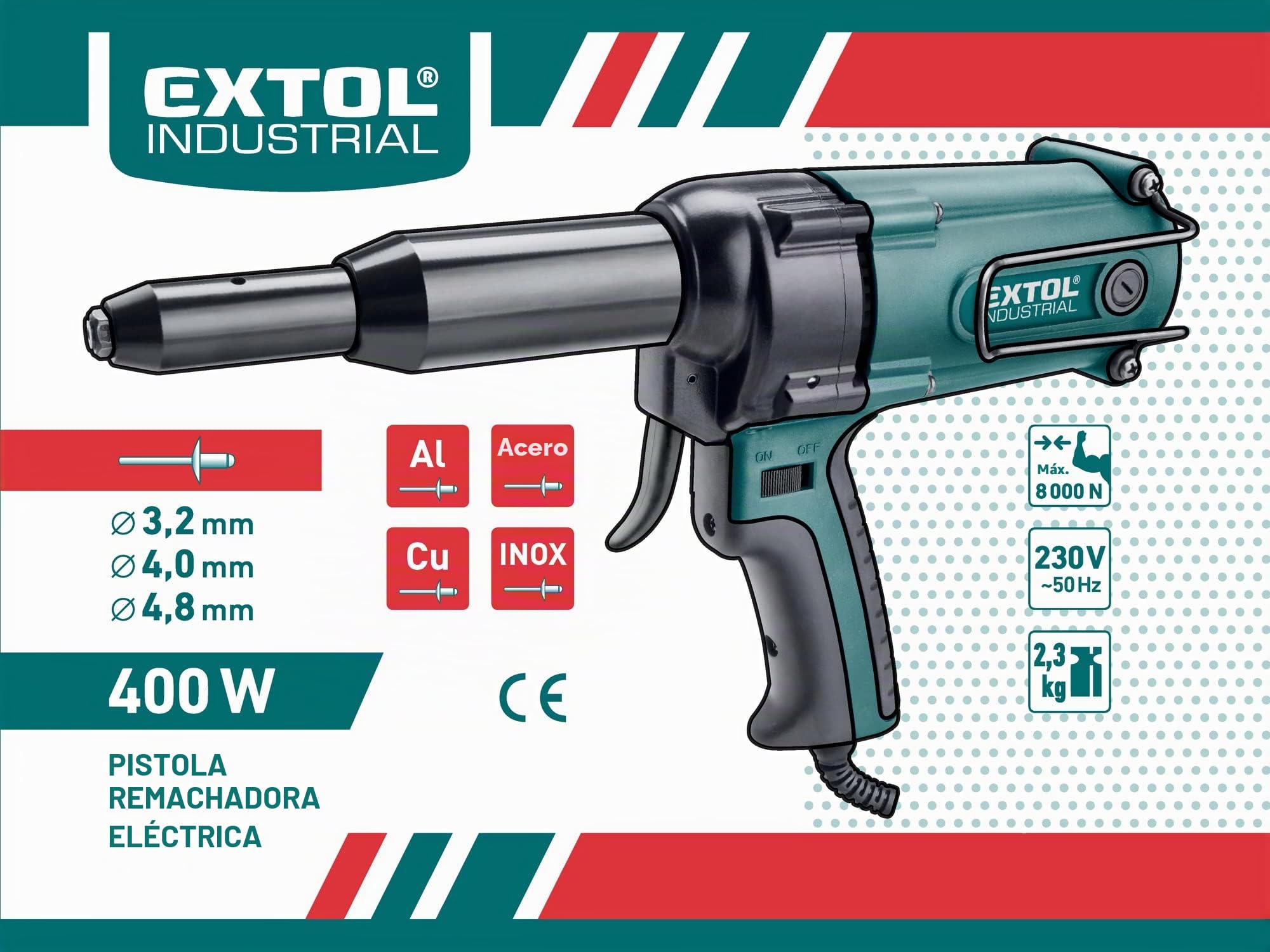 Remachadora eléctrica, pistola de remaches (400 W, fuerza de tracción 8000 N, para remaches ciegos de 3,2-4,0-4,8 mm), Extol Industrial 8794550