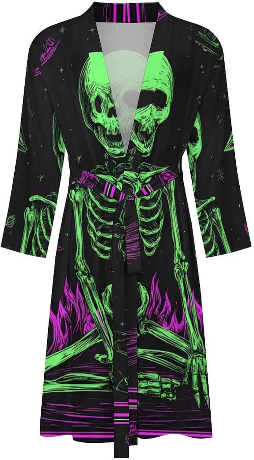 Neon Aliens 80s Casual Robes Bathrobe Knee Length V-neck Loungewear Sleepwear