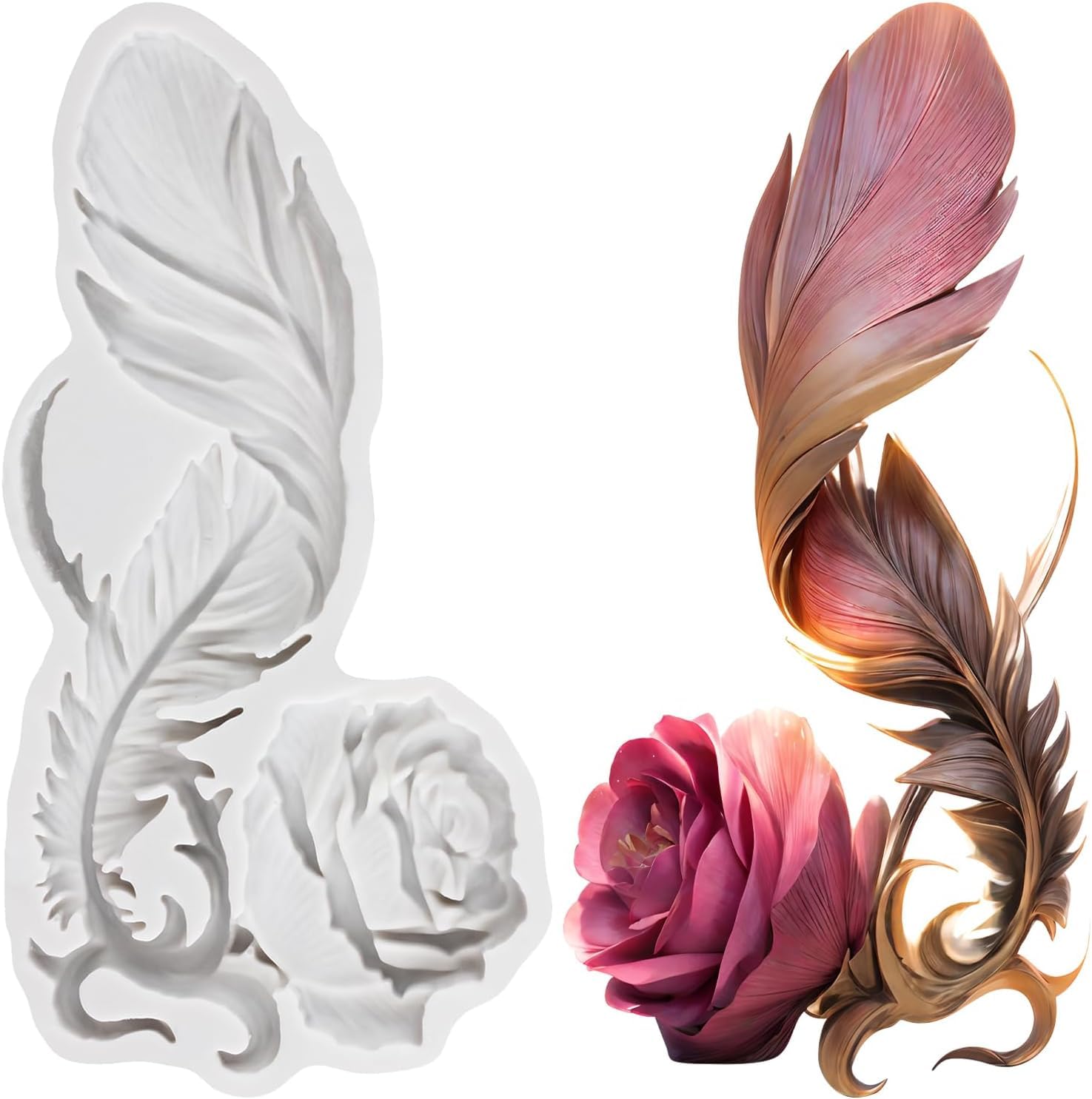 Sijiangmold Feather Silicone Moulds Rose Flower Fondant Mould for Cake Decoration Chocolate Cupcake Topper Candy Polymer Clay Gum Paste