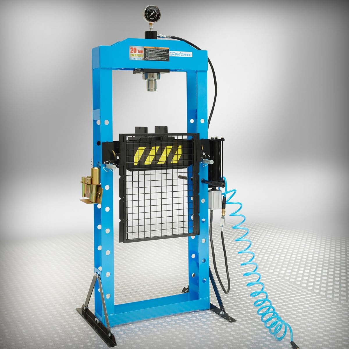 Datona Werkstattpresse 20 Tonnen hydropneumatisch mit Manometer fahrbarem Zylinder höhenverstellbarem Sicherheitskäfig und Hand- oder Druckluftbedienung für Werkstatt und Garage