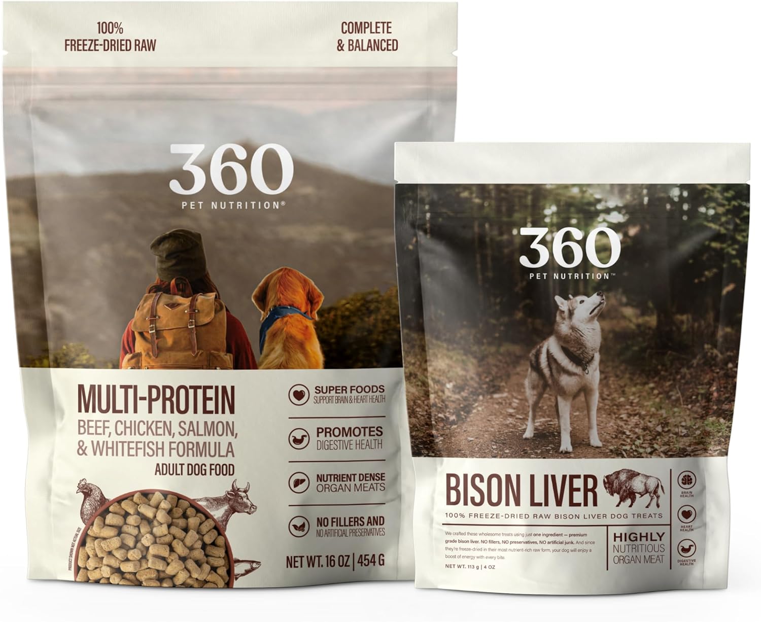 360 Pet Nutrition Freeze Dried Complete Multi Protein Meal for Adult Dogs, High Protein, Omega 3's, No Fillers, Made in The USA + Bison Liver Treat