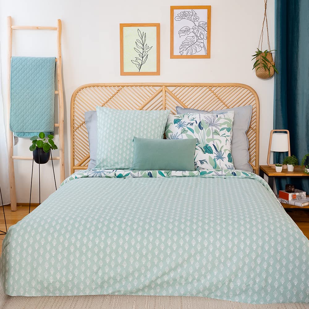 Parure Letto 2 Persone - Copripiumino 220x240 Cm + 2 Federe | Foglie Tropicali Blu | Cotone Morbido - Foto 8