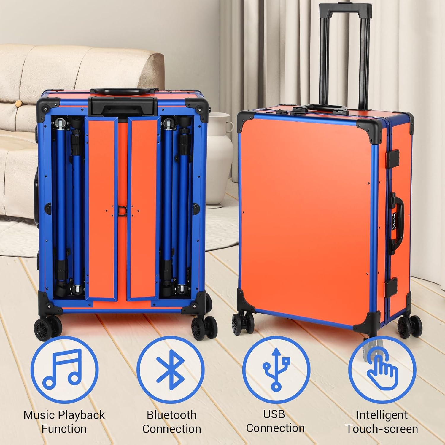 Rolling Makeup Train Case with Lighted Mirror and Bluetooth Speaker Professional Cosmetic Organizer Case with Wheels, Stands Portable Makup Station Vanity for Travel (Orange, Large)