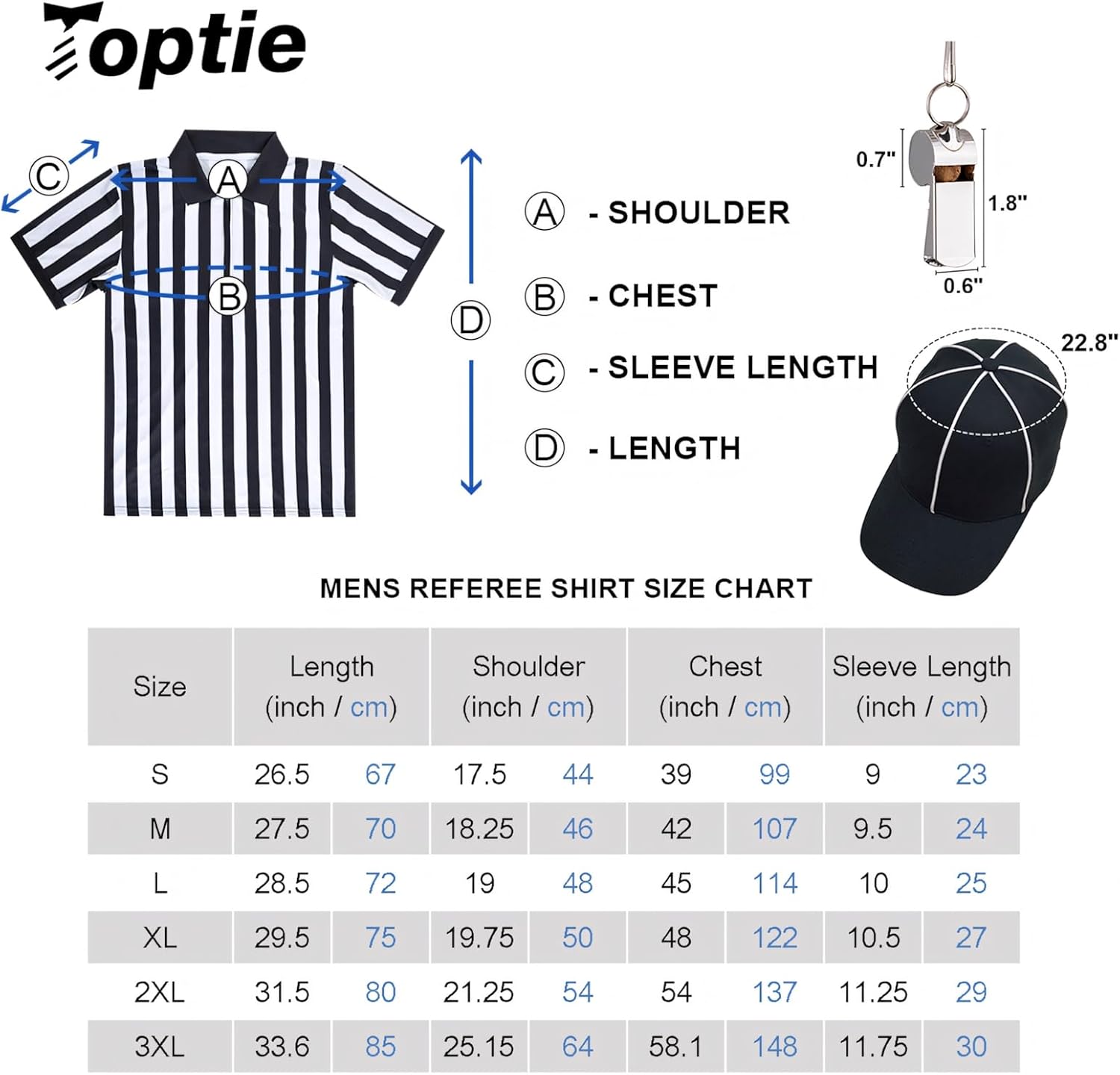 TopTie Sportwear Men's Pro-Style Referee Set, Umpire Shirt with 1/4 Zip-Up Quarter Zipper, Umpire Hat, and Metal Ref Whistle with Lanyard