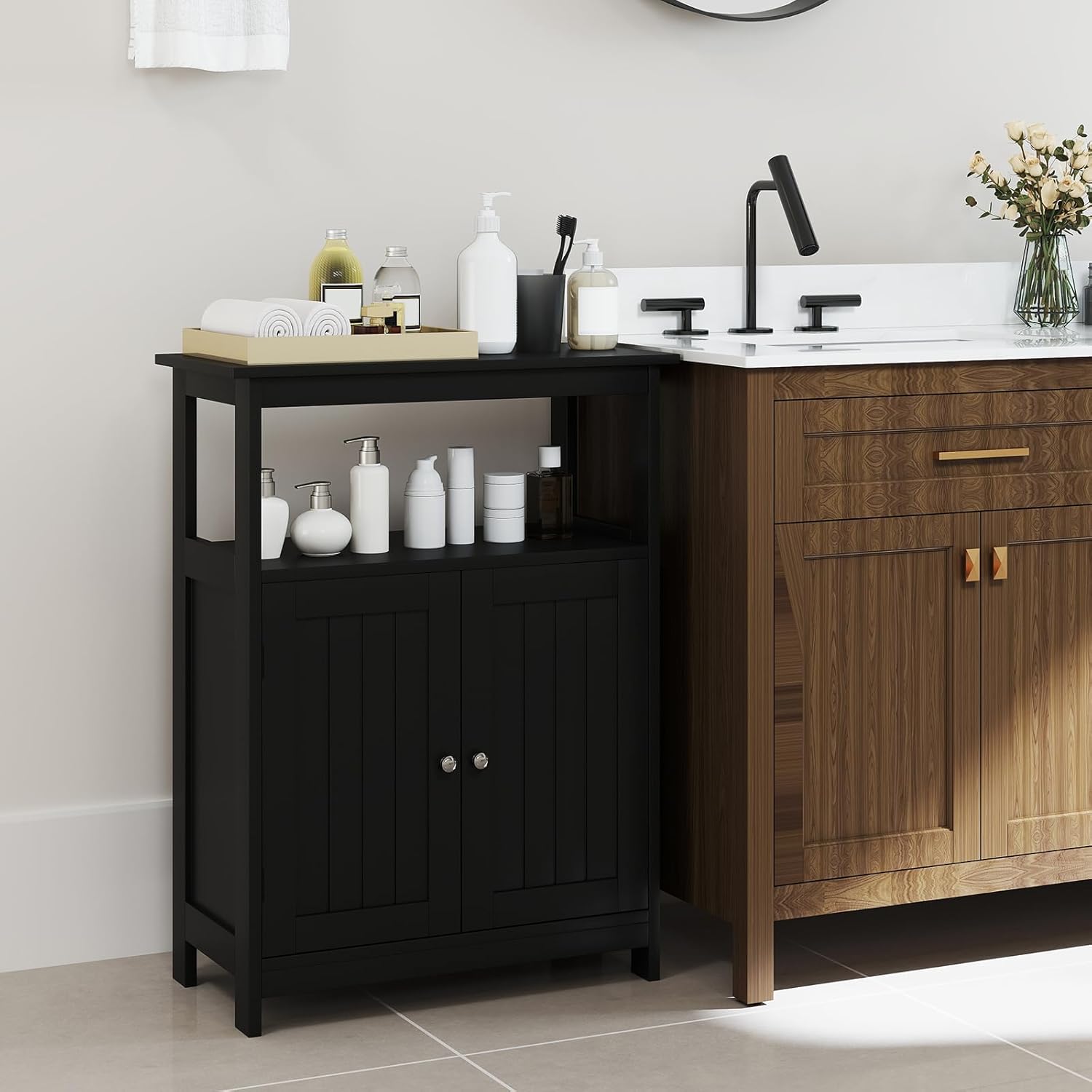Tangkula Bathroom Storage Cabinet, Freestanding Floor Organizer with 2 Doors & 1 Adjustable Shelf, Modern Home Bathroom Furniture for Living Room Entryway Kitchen (Cabinet, Black)