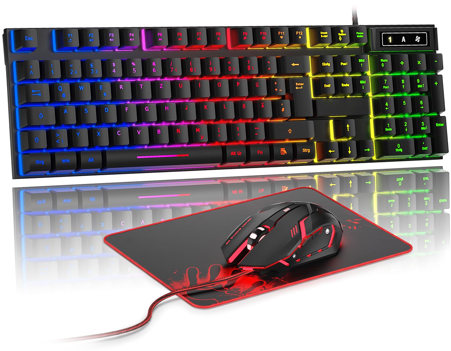 Rewurnth Gaming Tastatur und Maus Set, QWERTZ DE Layout, RGB Hintergrundbeleuchtete Kabelgebundene Tastatur, Ergonomische 4 Farbige LED Gaming Maus, Großes Mauspad, USB Plug & Play für PC PS4 Xbox